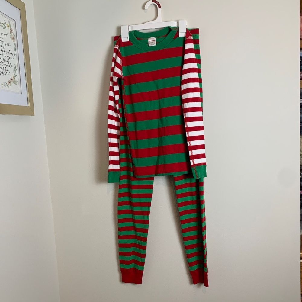 Hannah Andersson Red Green White Striped Christmas Holiday PJ's Long John 12/14